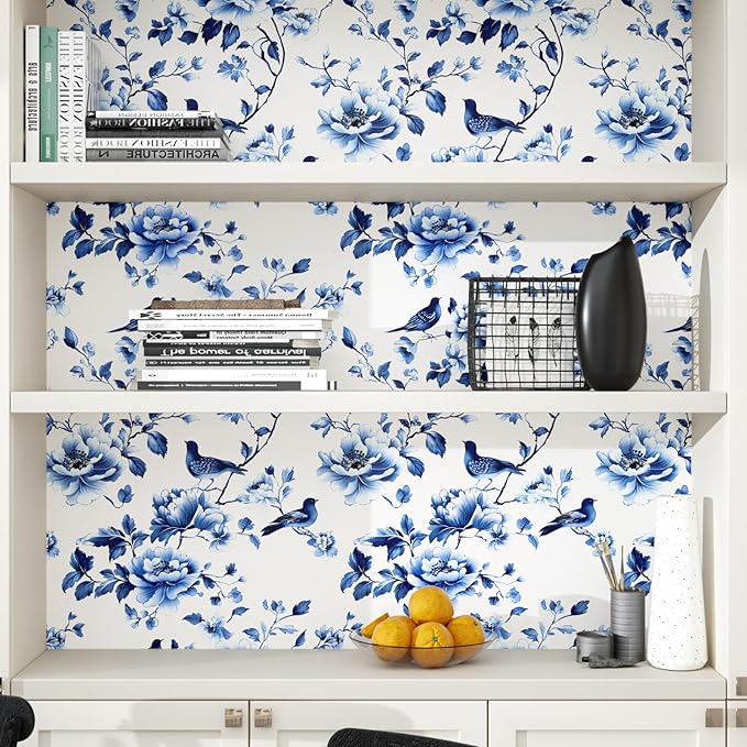 Blue Bird Wallpaper Peel and Stick, Vintage Floral Contact Paper 17.5in x32.8ft Modern Wall Mural Boho Wall Paper Self Adhesive Removable Waterproof for Bathroom Bedroom Cabinet Drawer Kitchen Decor
