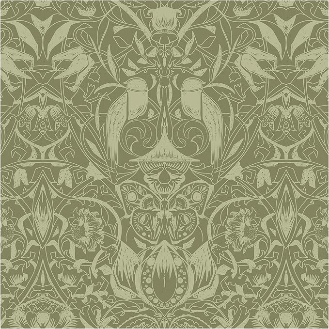 Vintage Peel and Stick Wallpaper Boho Bird Wall Paper Floral Contact Paper for Bedroom 17.3" X 393" Removable Wallpaper Self Adhesive Olive Green Botanical Decorative Wallpapers Bathroom Kitchen Vinyl