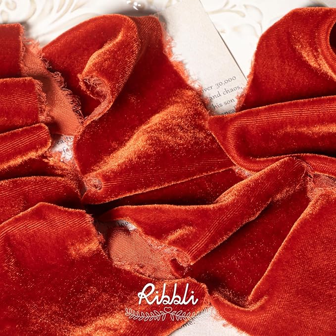Ribbli Rust Red Velvet Ribbon 3 Inch Handmade Frayed Vintage Christmas Ribbon for Gift Wrapping Christmas Tree Ornament Wreath Craft Home Decor -3 Yards