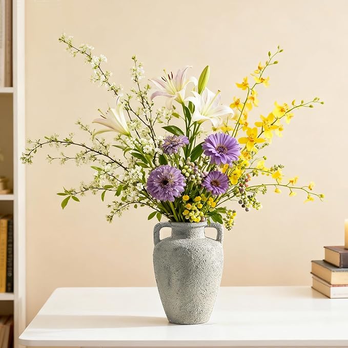 Rustic Vase for Flowers, Ceramic Vase with Handles, 8.85 inch Tall Vintage Farmhouse Christmas Terracotta Flower Vase for Home Decor, Wide Mouth, Living Room Shelf Decor, Enterway, Table