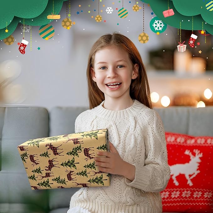 Christmas Wrapping Paper, Holiday Kraft Gift Paper (4 Rolls: 148 sq. ft. ttl) - Red/Green and Black Plaid Grid Patterns, Stockings Snowflakes Pine Tree and Reindeer - 30 inches x 14.8 feet Per Roll