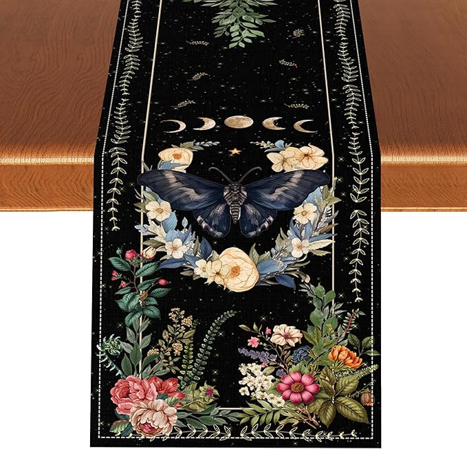 Gothic Moth Table Runner, Boho Vintage Floral Gothic Sun Moon Phase Mystical Witchy Farmhouse Coffee Table Center Decor for Home Kitchen Dining Patio Holiday Party Table Decorations 13x36 inches