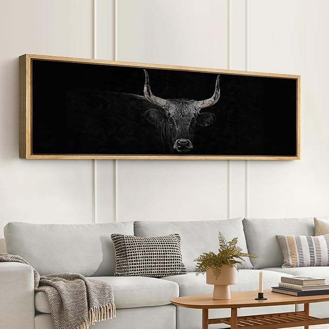 SIGNFORD Large Framed Canvas Print Wall Art Monochrome Bull Illustrations Modern Art Relax/Calm Warm for Living Room, Bedroom, Office - 60"x20"