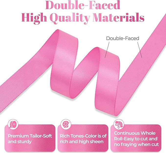 Hot Pink Satin Ribbon, Double Faced 5/8 Inch X 25 Yards Hot Pink Ribbon, Premium Satin Ribbon for Gift Wrapping, Crafts, Hair Bow Making, Sewing, Flower Bouquet, Wedding Party Decor