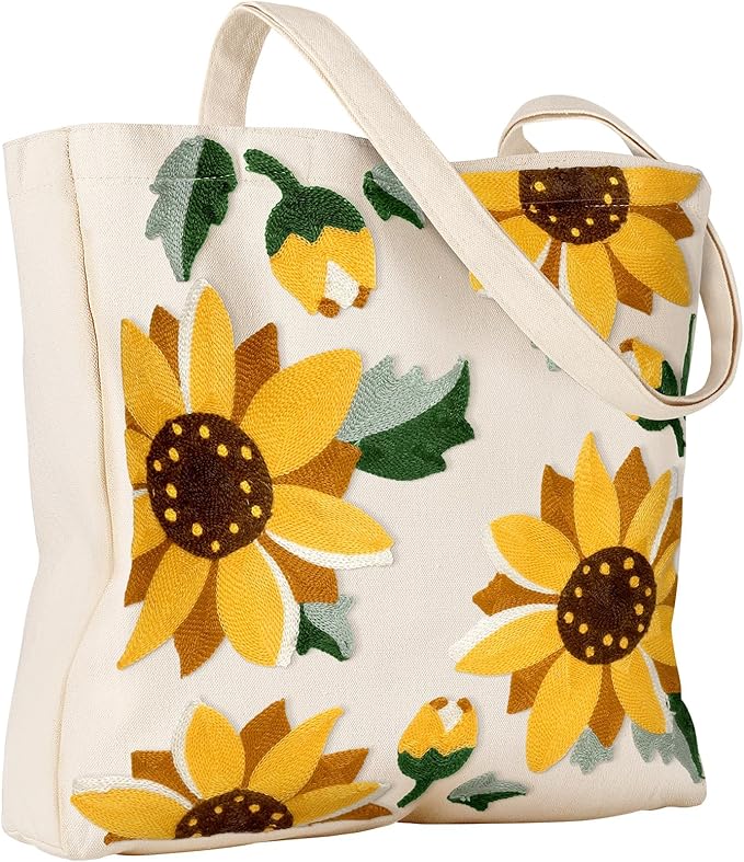 Aesthetic Embroidery Tote Bag for Women - Reusable Canvas Cute Shoulder Bag for Shopping, Grocery, Work, Book
