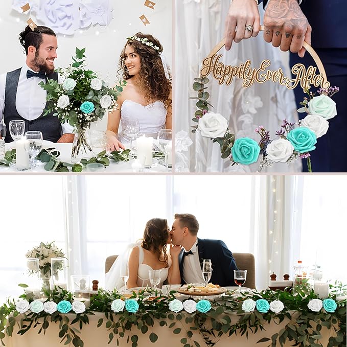 100PCS Artificial Flowers Green Series Roses Real Looking Foam Fake Roses with Leaves and for DIY Wedding Bouquets Bridal Shower Centerpieces Party Decorations (Green Series, 100)