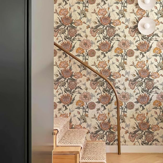 Floral Wallpaper Peel and Stick Floral Contact Paper Yellow and Pink Vintage Wall Paper Removable Self Adhesive Vinyl Stick on Wallpaper for Bathroom Bedroom Decor 17.3in x 118in