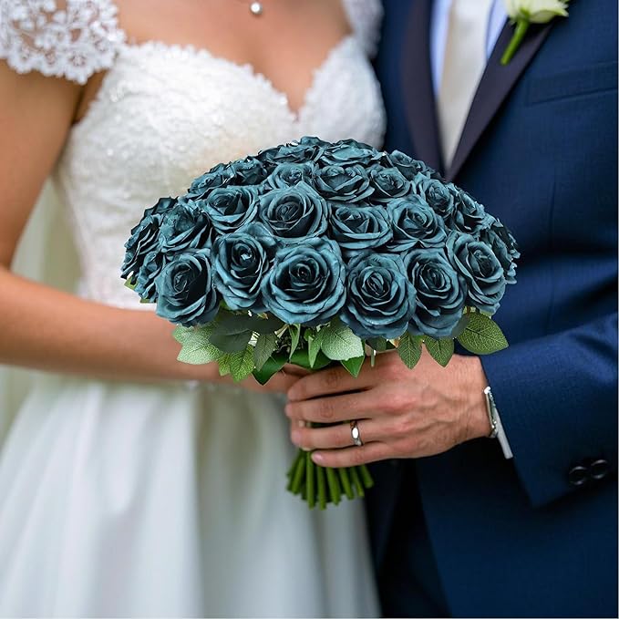 50pcs Artificial Rose Flower Dark Green Rose Emerald Green Flower with Long Stem Silk Roses Bouquet for Wedding Bridal Shower Party Home Decoration