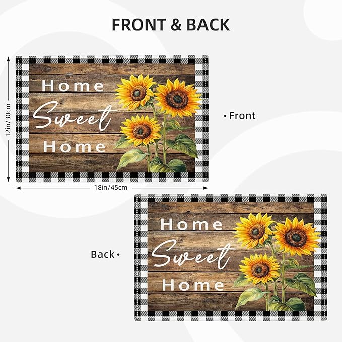 Farmhouse Sunflower Placemats Set of 6, Home Sweet Home Place Mats, Rustic Dining Table Mats, Washable Placemats for Kitchen Dining Room Home Decor 18L'' × 12W''