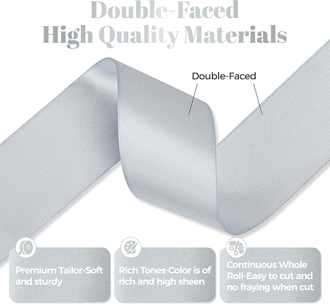 Silver Gray Satin Ribbon, Double Faced 1-1/2 Inch X 25 Yards Silver Gray Ribbon, Premium Satin Ribbons for Gift Wrapping, Crafts, Hair Bow Making, Sewing, Flower Bouquet, Wedding Party Decor