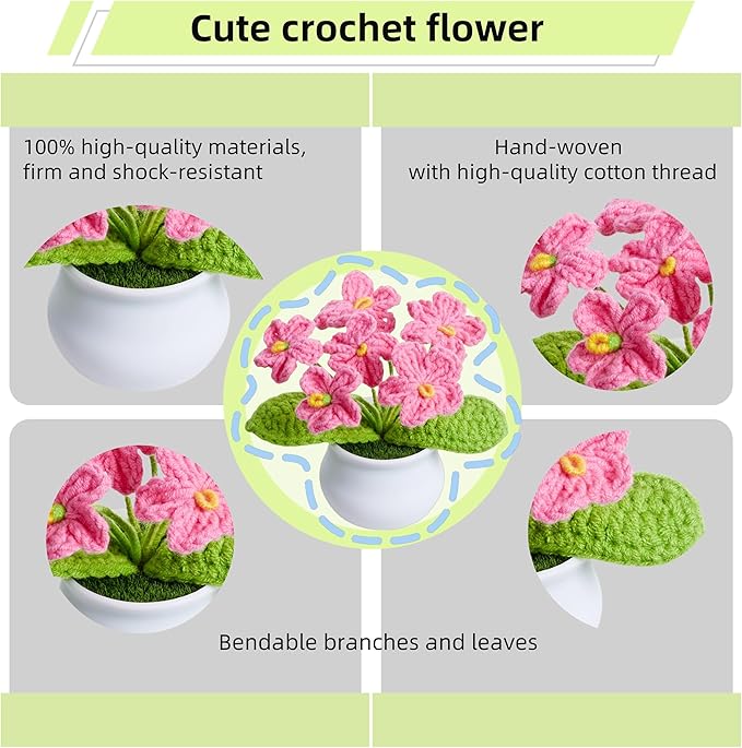 Knitting Crochet Flowers Cute Handmade Flower Gifts for Women Teacher Birthday Anniversary Valentines Christmas Coworkers Decor for Car Dashboard Home Room Office Desk Plant Accessories Things