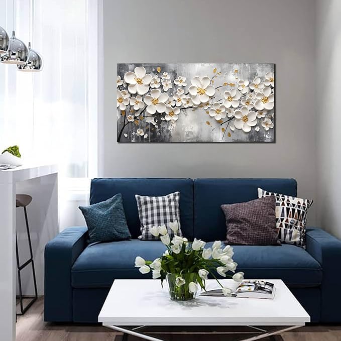 Flower Pictures Wall Art for Bedroom Women - White Canvas Wall Art for Living Room - Girls Room Decor Ready to Hang Size 20" x 40"