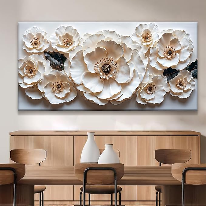 Large Wall Art For Living Room Floral White Wall Art Modern Canvas Art Wall Decor 29" X 58" Painting White Flower Wall Art Print Picture For Bedroom Home Office Decoration