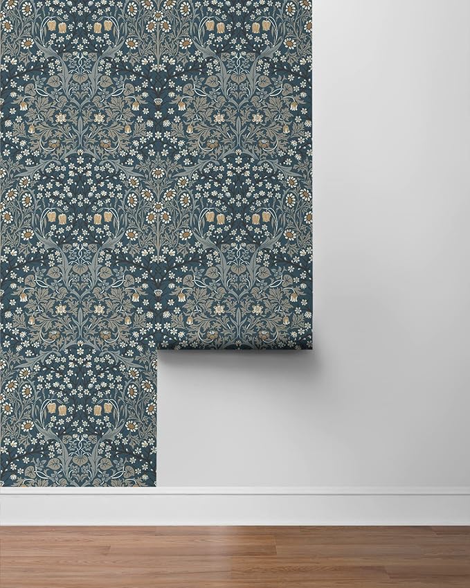 NextWall Seabrook Designs Victorian Garden Floral Vintage Prepasted Wallpaper (Aegean Blue & Warm Stone)