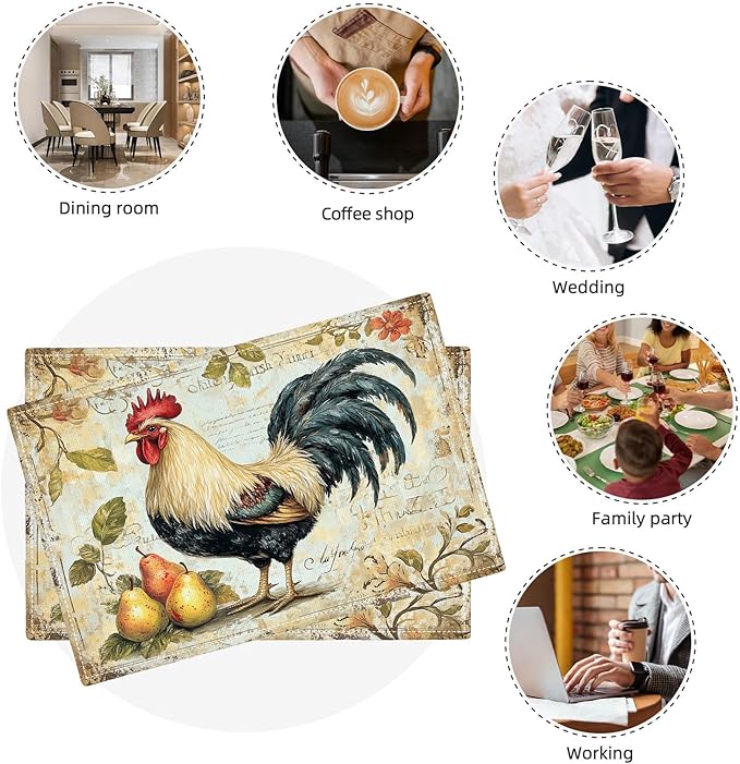 Farmhouse Rooster Placemats Set of 4, Rustic Chicken Place Mats, Pear Dining Table Mats, Washable Placemats for Kitchen Dining Room Home Decor 18L'' × 12W''