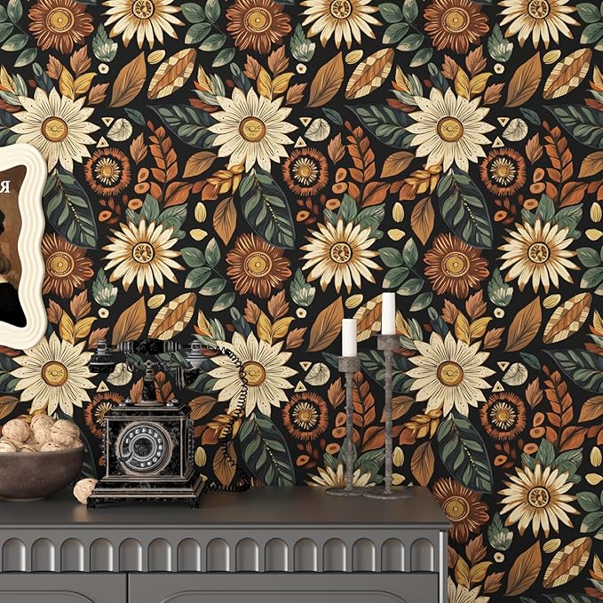 Vintage Boho Wallpaper Peel and Stick,Black Brown/Green Floral Contact Paper 17.5" x 393.7", Retro Flower Botanical Wall Paper Self Adhesive Removable Waterproof for Walls Shelves Cabinet Table Decor