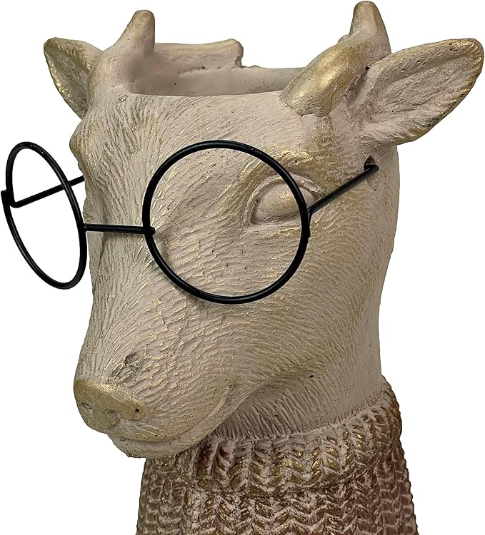 Bespectacled Deer Cement Vase 8.7 Inch - Gold Accents, Knit Scarf, Real Wire Glasses, Whimsical Animal Planter, Distressed Taupe Decorative Vase for Indoor Plants, Unique Gift - Home or Office