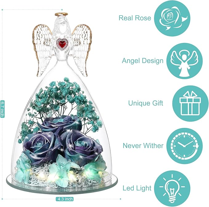 Mothers Day Rose Gifts for Women, Large Angel Figurines with Real Roses, Preserved Real Flower Rose for HerGlitterPurpleAquablue