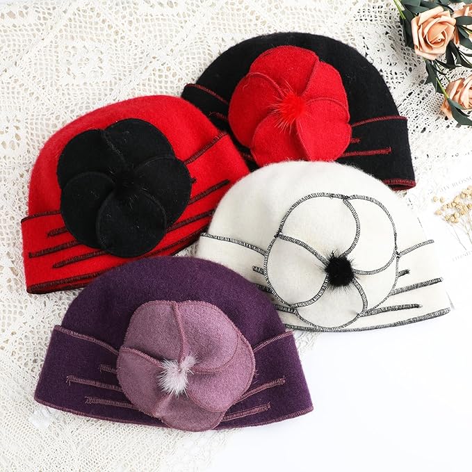 Sumolux Beanie Hats for Women Wool Skull Cap Beret Floral Cuffed French Vintage Dress Cloche Classic Winter 1920s