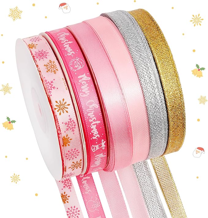 6 Rolls Christmas Ribbon for Crafts 3/8 Inch Glitter Fabric Holiday Festival Grosgrain Ribbon for Wrapping Decoration Floral Bows Craft(Pink Snowflakes)