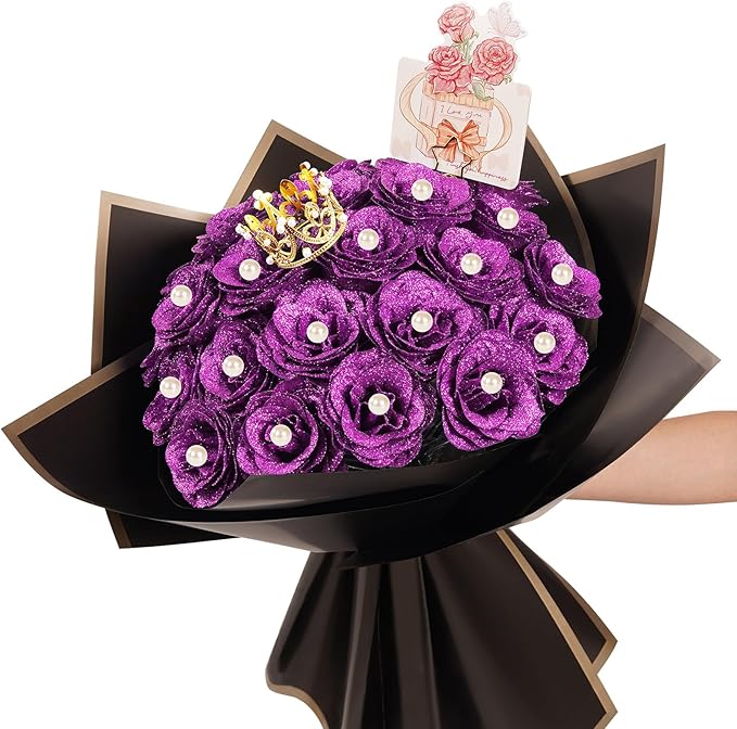 DIY Glitter Roses Bouquet, Valentine's Day Everlasting Shiny Artificial Bouquet, Purple Faux Flowers with Stem Pearl Crown for Graduation Gifts Wedding Anniversary Engagement Day Birthday,25 Pcs