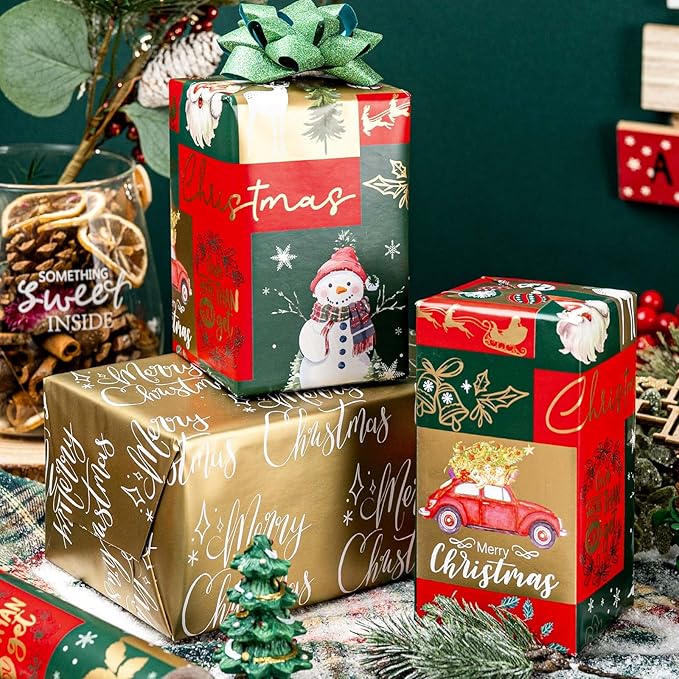 MAYPLUSS Christmas Wrapping Paper - 17 Inch X 33 Feet - Santa Claus Reversible Merry Christmas Gift Wrapping Paper, Metallic Foil Thick Gift Wrap Paper for Holiday Party New Year Kids