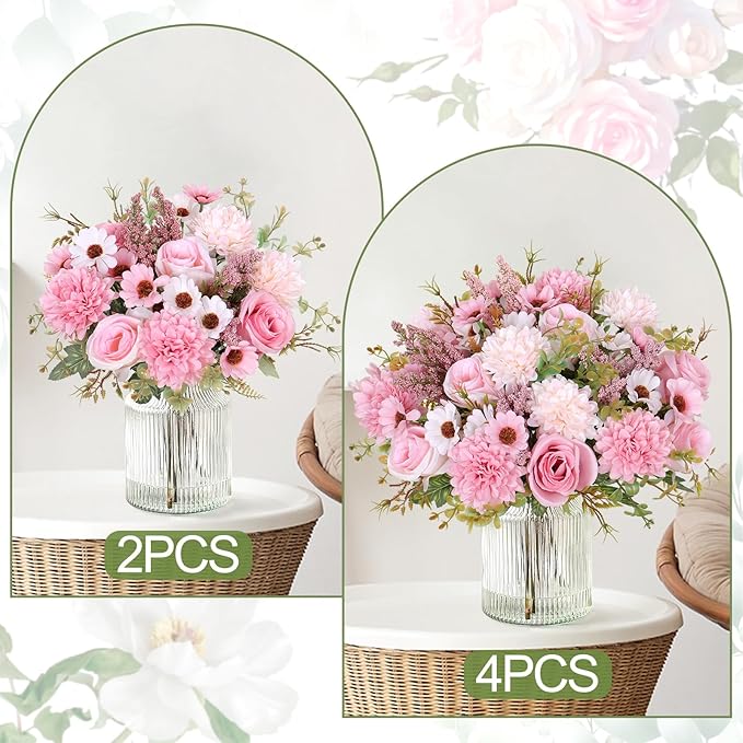 Dremisland Artificial Flowers Like Real Artificial Bouquet 2 Packs Silk Artificial Roses Bouquet with Daisy Chrysanthemum Pink Flowers for Centerpiece Table Wedding Party Home Decor