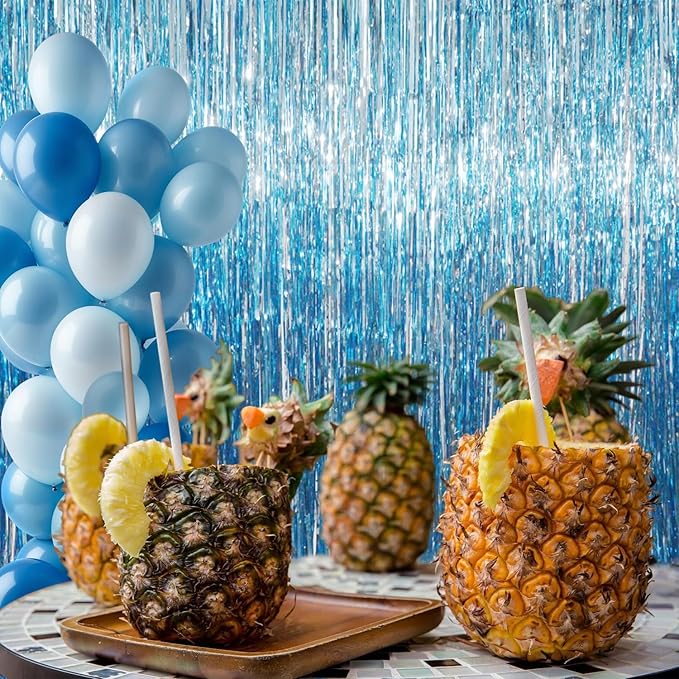 GOER 6.4 ft x 8.2 ft Metallic Tinsel Foil Fringe Curtains,Pack of 2 Party Streamer Backdrop for Birthday,Graduation Decorations and New Year Eve (Light Blue)
