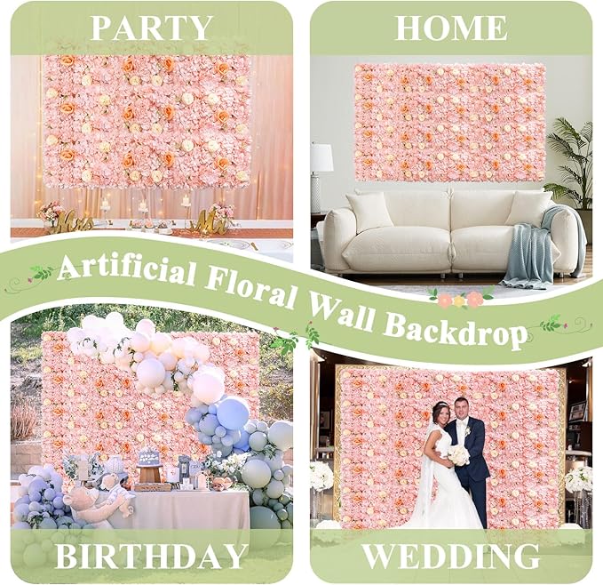 FUHSY Pink Flower Wall Backdrop 3D Rose Flower Wall Panel 12 Packs 15 x 15 Inch Artificial Flower Wedding Backdrop for Photo Floral Background for Bridal Shower Birthday Party Stage Room Decor