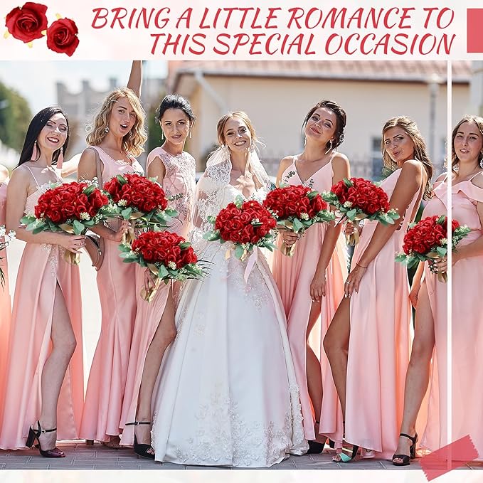 Zeyune 12 Pack Wedding Bridesmaids Bouquets 7 Inch Artificial Rose Bouquets Silk Flowers with Stems Fake Floral Bundles Bulk for Wedding Bridal Shower Party Centerpieces Home Decor(Red)