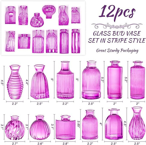 12PCS Hot Pink Vase for Flowers, Small Glass Bud Vases for Centerpieces Purple Flower Vase in Bulk for Home Office Decor