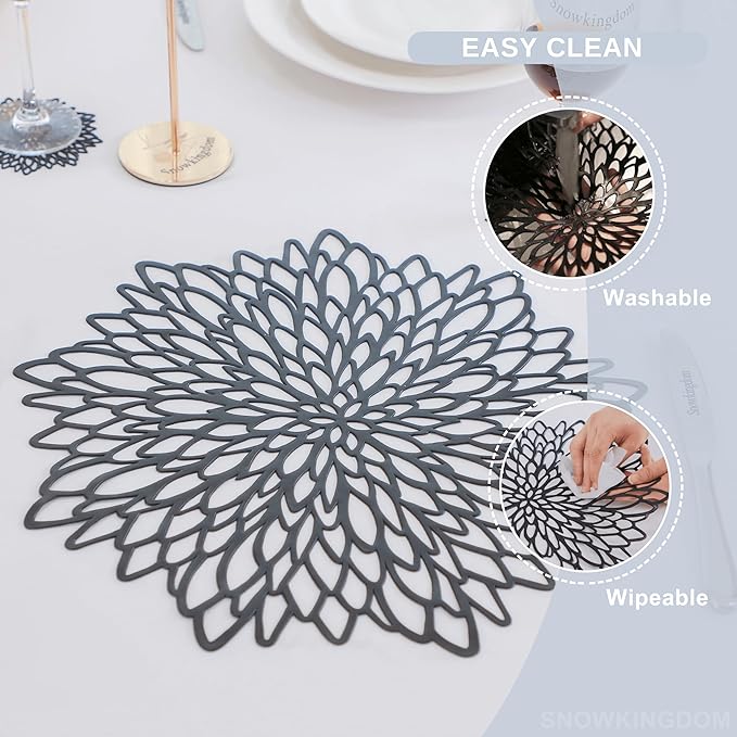 Snowkingdom 6 Pack Black Placemats Washable Pressed Vinyl Dining Table Mats Round Floral Charger Decoration for Halloween Christmas Thanksgiving