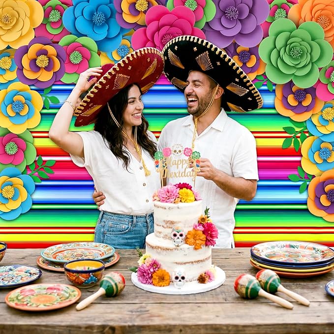 Frienda 36 Pcs DIY Paper Flower Decor Set with 83x59 Inch Custom Background Cloth and Rope, Artificial 3D Flower Wall Decor for Wall Bulletin Board Wedding Halloween Mexican Festive Party (Stripe)