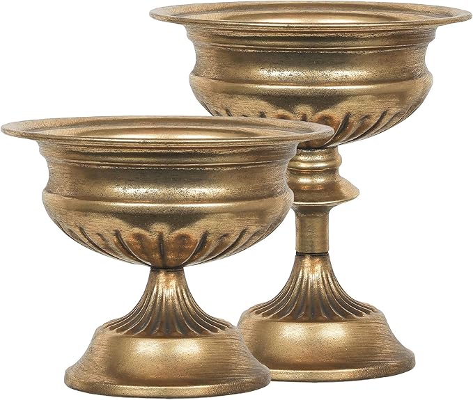 WORTH Gold Color Urn Vases for Centerpieces Set of 2 (Large: 8.8" H x 7.8" Dia. & Small: 6.1" H x 7.8" Dia.) - Classic Metal Trumpet Flower Pots for Table, Bowl Vase for Wedding Party Event Home Decor