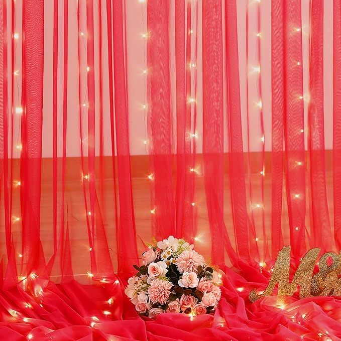 10ft x 8ft Red Tulle Photo Backdrop Curtain with Lights String for Christmas Party Red Sheer Curtain Backdrop Drapes for Birthday Party Wedding Holiday Photo Booth Background Home Room Decorations