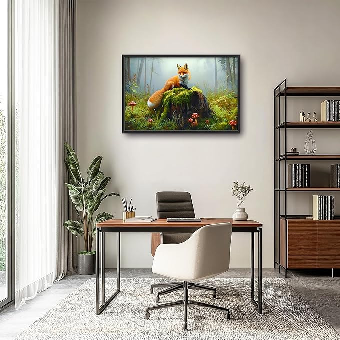 Forest Fox Large Wall Art Framed Rustic Wall Decor for Living Room Fox Mushroom Pictures Oversized Canvas Print Painting Modern Extra Large Framed Artwork for Bedroom Office 36"x24"