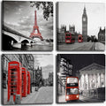 Black and White City Landscape Wall Art for Bedroom Red Street Scenery Canvas Decor for Bathroom Paris Eiffel Tower Pictures Prints London Big Ben Artwork Poster for Living Room Office Decoration