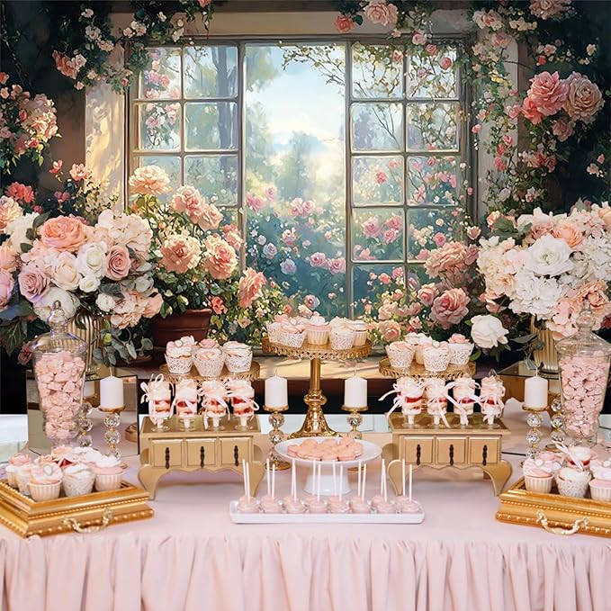 Baocicco 10x7ft Window Floral Backdrop Photography Flowers Wedding Bridal Shower Photography Background Retro Oil Painting Flower Banner for Girls Women Birthday Newborn Party Decorations Props