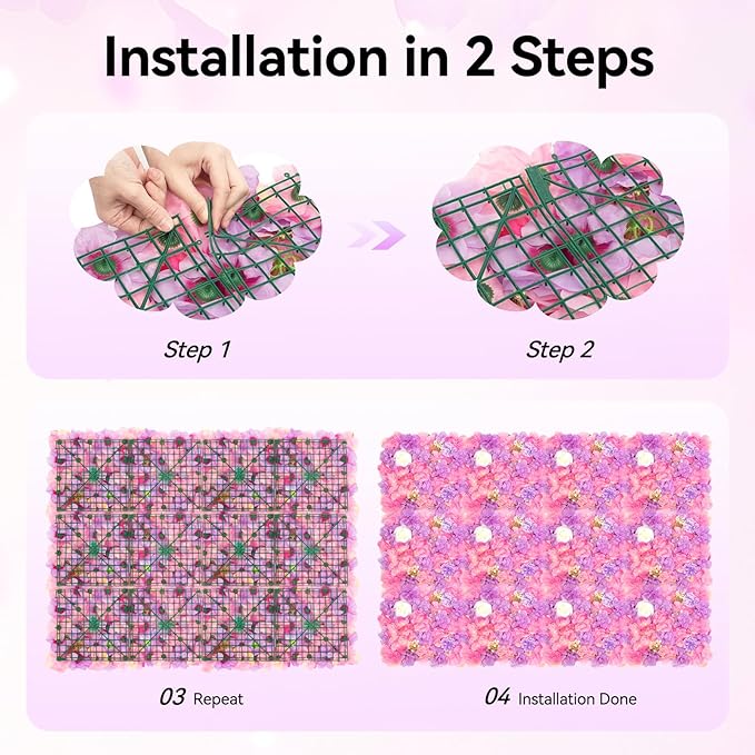 24 Pack Flowers Wall Panels Artificial Floral Wall Mat Handmade 3D Silk Rose Hydrangea Dahlia Floral Panels for Photo Background Home Party Wedding Backdrop Decoration, 24 x 16 inch (24 pcs)