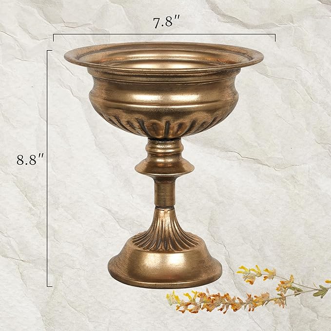 WORTH Small Urn Vases for Centerpieces Set of 2, Classic Metal Trumpet Flower Pots for Table, Bowl Vase for Wedding Party Event Home Deco (Golden, 7.8" Dia x 8.8" H)