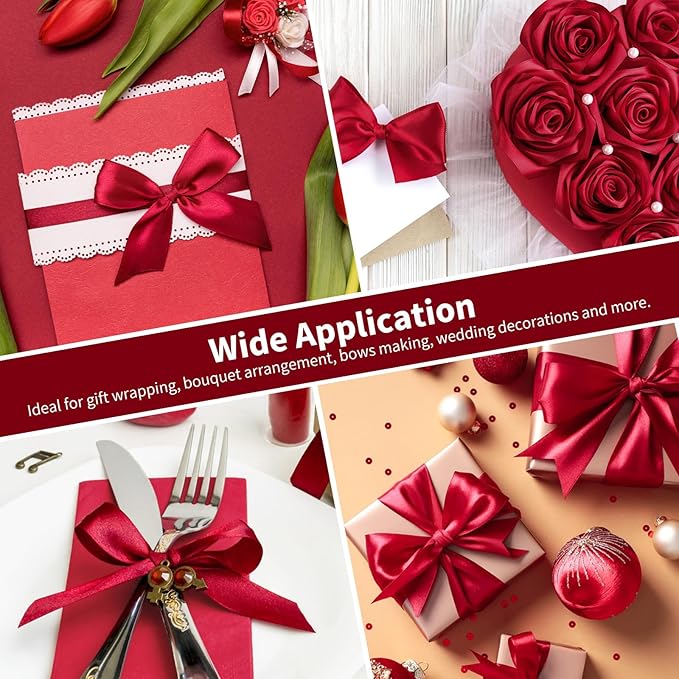 1-1/2 Inch Wide Wine Red Satin Ribbon, 50 Yards Solid Polyester Fabric Ribbon for Roses Making, Gift Wrapping, Christmas, Wedding Decorations, Crafts, Bows