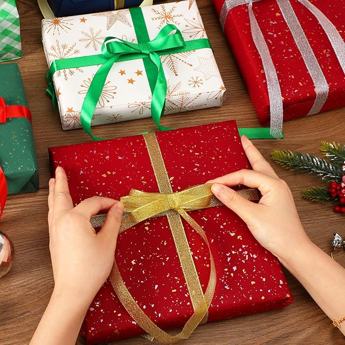 Christmas Ribbon, DECYOOL 4 Rolls 100 Yards Holiday Ribbons for Gift Wrapping (1.5cm Wide, Red & Green & Gold & Silver)