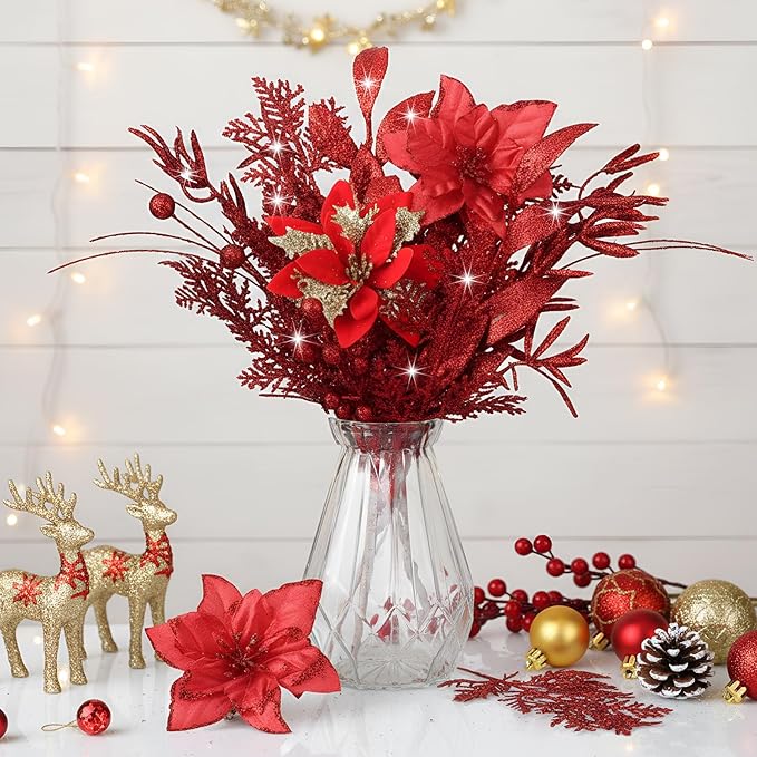 60 Pcs Christmas Glitter Branches 6 Styles Artificial Christmas Picks Berries Stems Poinsettia Flowers Pine Needles Floral Twig Spray for Xmas Tree Ornaments DIY Wreath Garland(Red)