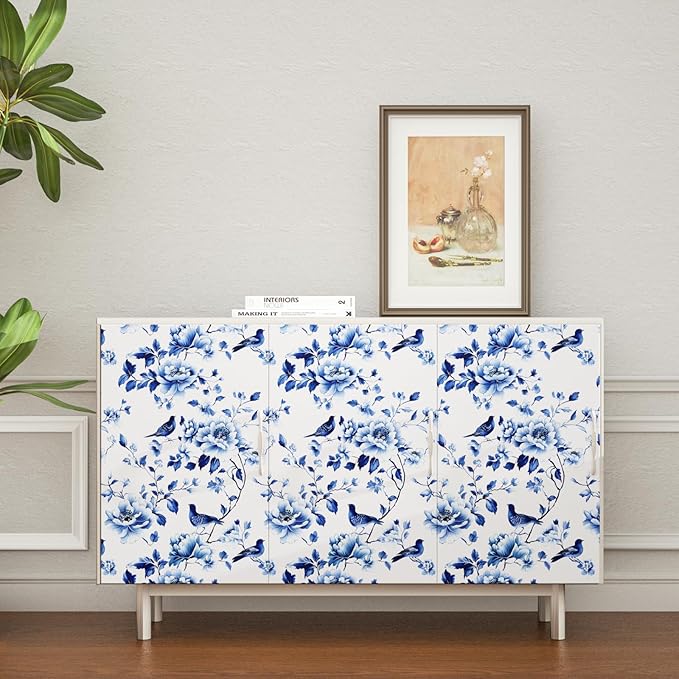 Blue Bird Wallpaper Peel and Stick, Vintage Floral Contact Paper 17.5in x32.8ft Modern Wall Mural Boho Wall Paper Self Adhesive Removable Waterproof for Bathroom Bedroom Cabinet Drawer Kitchen Decor