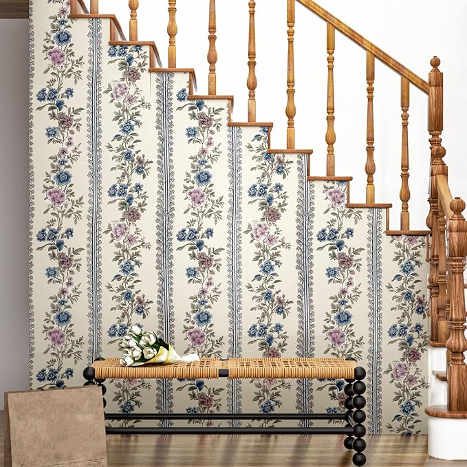 Vintage Floral Wallpaper Peel and Stick Boho Wallpapers 17.5in x32.8ft Blue/Beige Floral Wall Mural Vinyl Removable Self Adhesive Nursery Modern Wallpaper for Bookshelf Cabinets Bathroom Walls