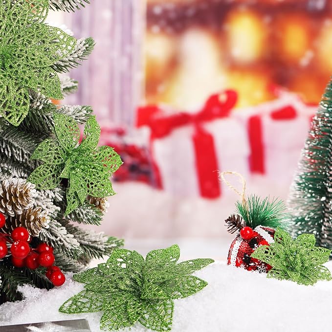 Boao Green 24 Pieces Poinsettia Flower Christmas Glitter Artificial Poinsettia with Clips Christmas Tree Ornament Decorations for DIY Xmas Wreath Holiday Home Party Decor, 3/4/6 Inches