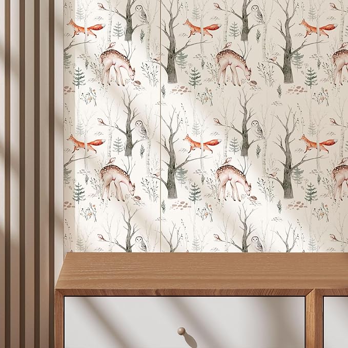 Forest Animals Peel & Stick Wallpaper - Self Adhesive Plants & Vintage Pattern - Removable Wallpaper for Bathroom - 17.71in X 118.1in