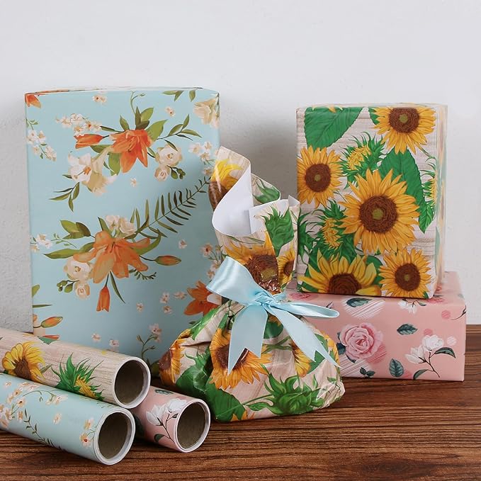 Aimyoo Sunflower Floral Wrapping Paper Roll 17 in x 10 ft, Yellow Flower Gift Wrap for Wedding Bridal Shower Women Birthday