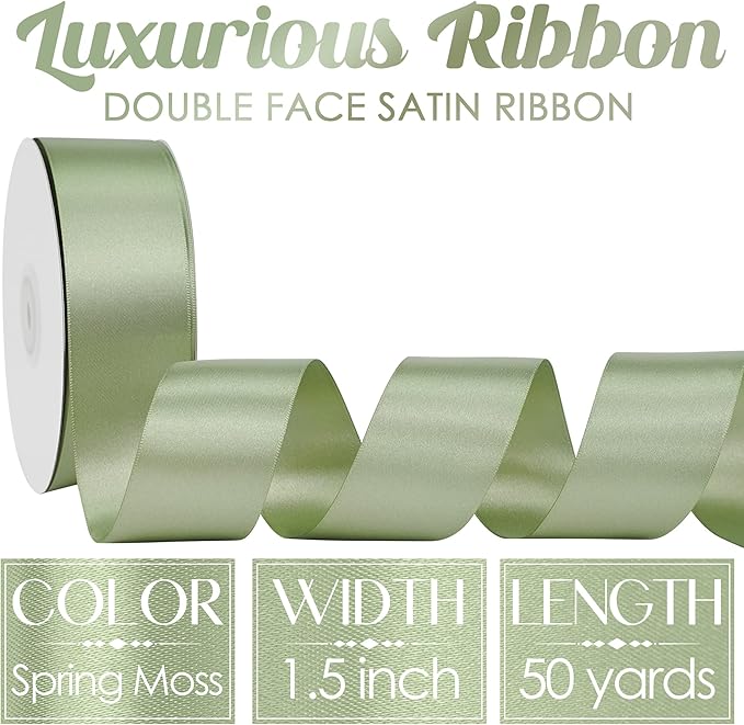 MEEDEE Spring Moss Satin Ribbon 1-1/2 Inch Spring Green Ribbon Lux Double Faced Satin Ribbons by 50 Yards Polyester Satin Ribbons for Crafts, Weddings, Flower Bouquet, Holiday Decorating