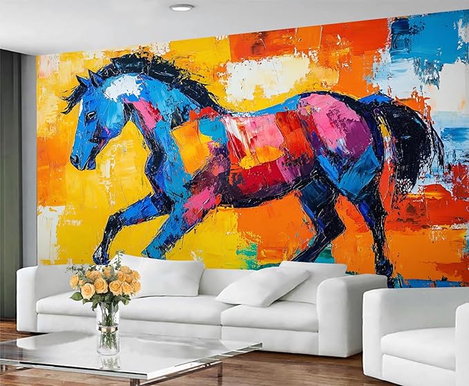 Abstract Horse Wall Mural, Colorful Horse Art 3D Wall Murals, Bold Abstract Animal Wallpaper Mural, for Living Room Bedroom Large Wallpaper Indoor Decor 197" W x124.8 H